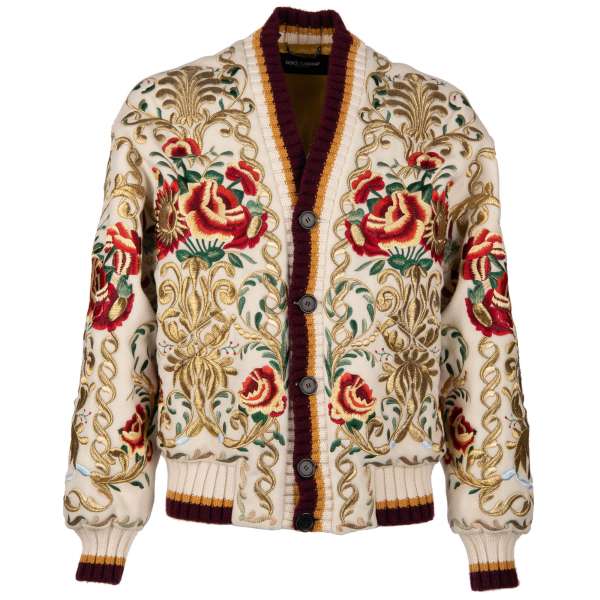 Exceptional and rare virgin wool stuffed and embroidered Cardigan Jacket with multicolor and gold flowers hand embroidery and silk lining by DOLCE & GABBANA