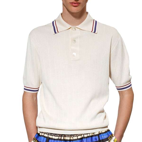 Silk Blend Polo Shirt with contrast details in white and blue by DOLCE & GABBANA