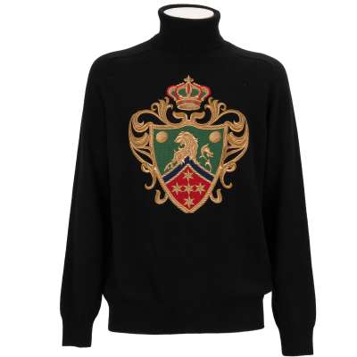 Kaschmir Rollkragen Pullover mit Krone Wappen Stickerei Schwarz