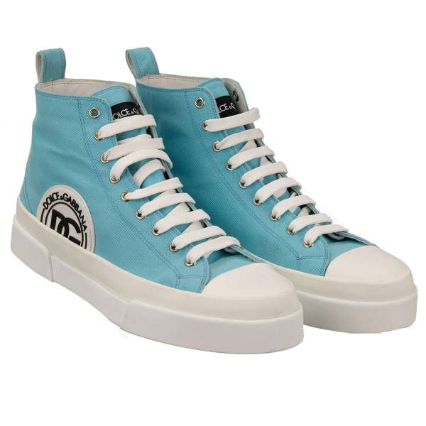 Lace High Top Canvas Sneaker PORTOFINO with DG logo in blue and white by DOLCE & GABBANA