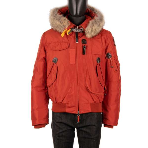 Short Bomber / Down Jacket GOBI with a detachable real fur trim, hoody, many pockets and a removable down-filled lining in Picante Orange