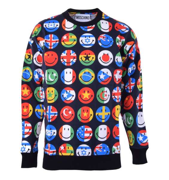 Rundhals Pullover aus Baumwolle mit Flaggen Print von MOSCHINO COUTURE