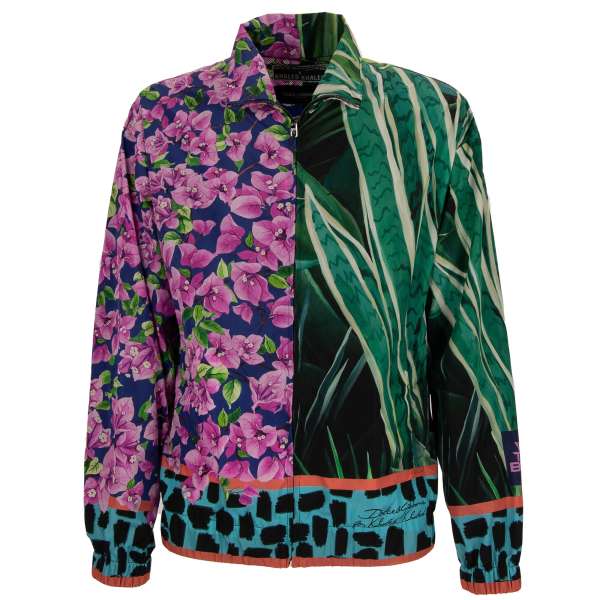  Nylon Bomber Jacke mit tropischden Blumen und Logo Print und Taschen mit Reißverschluss von DOLCE & GABBANA - DOLCE & GABBANA x DJ KHALED Limited Edition