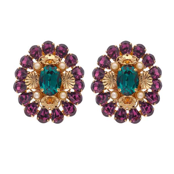 Baroque Clip Earrings with pearls and crystals in purple, green and gold by DOLCE & GABBANA