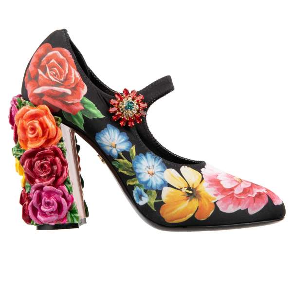 Leather and Fabric High Heel Pumps VALLY with flower print, hand painted Roses heel and crystals brooch in pink, yellow and black by DOLCE & GABBANA