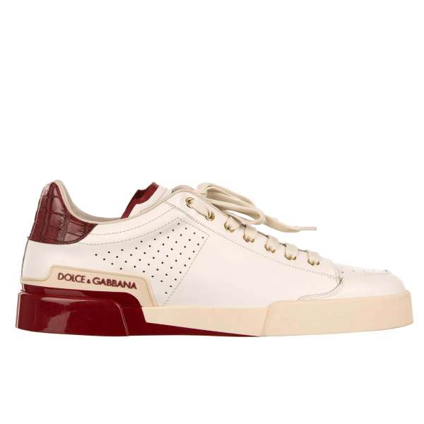 Low-Top Sneaker PORTOFINO Light with logo and crocodile skin patch in red and white by DOLCE & GABBANA
