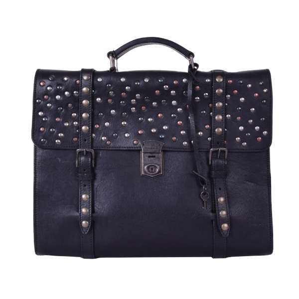 Vintage style leather messenger bag / backpack with lock embelished with studs by DOLCE & GABBANA Black Label