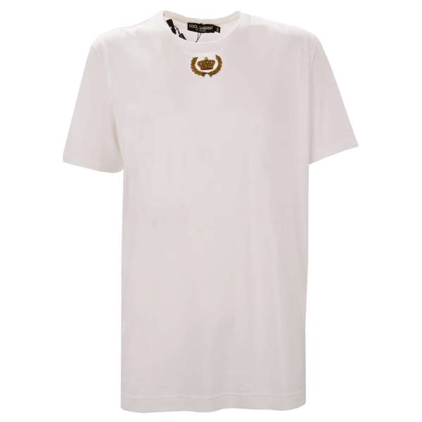 Cotton T-Shirt with goldwork metal crown embroidery and white by DOLCE & GABBANA