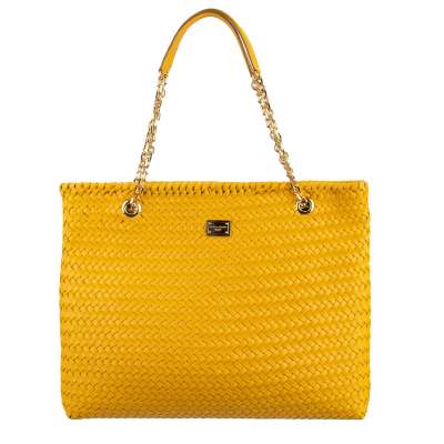 Handmade Large Woven Leather Shoulder Shopper Bag with Logo Yellow