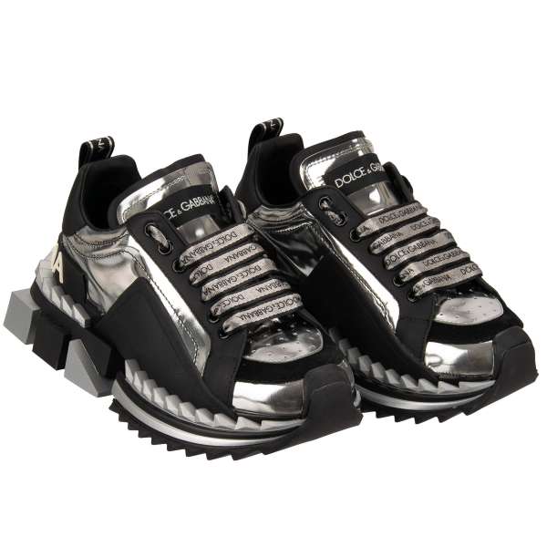Lace Sneaker SUPER QUEEN with plateau and DG logo in silver and black by DOLCE & GABBANA