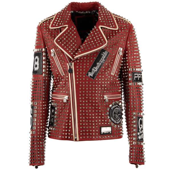 Studded biker style jacket PUNK IS PLEIN with patches and pockets by PHILIPP PLEIN
