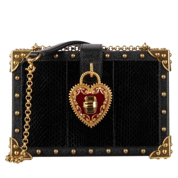 Unique snakeskin wooden box clutch / shoulder bag MY HEART with decorative heart padlock, studs and chain strap by DOLCE & GABBANA