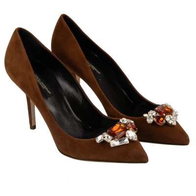 Crystal Brooch Leather Heels Pumps BELLUCCI Brown 36 US 6