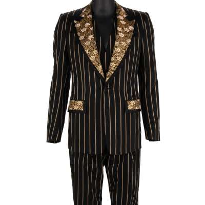 Flower Striped 3 Piece Jacquard Suit Jacket Waistcoat Gold Black