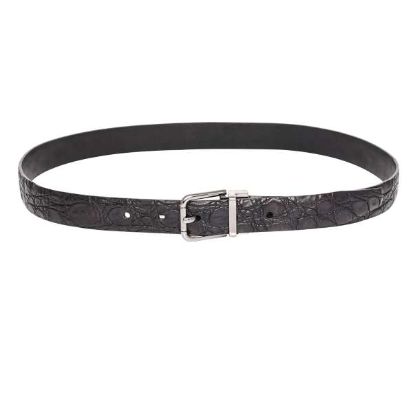 Crocodile Leather belt with metal buckle in black and silver by DOLCE & GABBANA