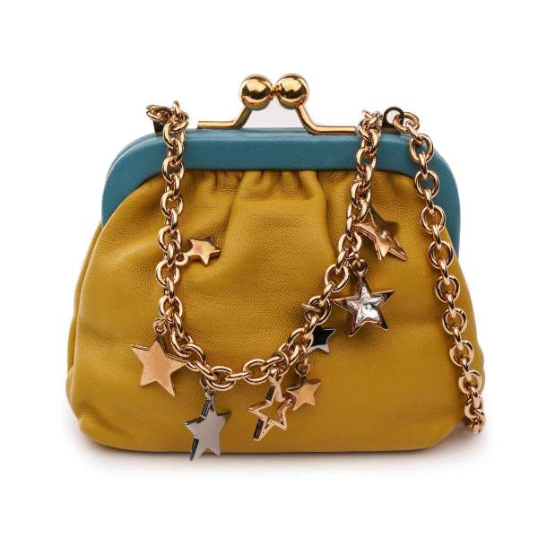Clutch Portemonnaie Tasche / Schultertasche aus Lammleder mit Kristall Sternen Kettenriemen in Grün-Gelb, Blau und Gold von DOLCE & GABBANA