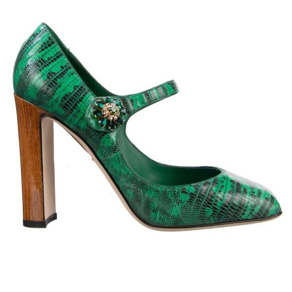 Classic lizard leather Pumps JACKIE with wood covered heels and elastic crystals buckle in green by DOLCE & GABBANA Black Label