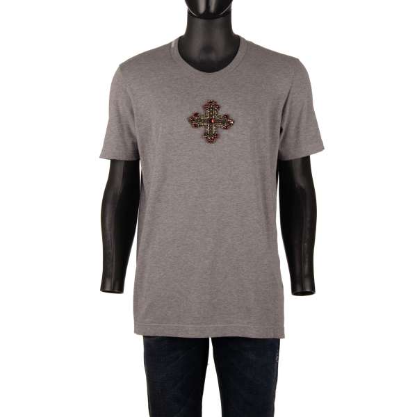 Long Cotton T-Shirt with embroidered cross made of crystals and logo sticker by DOLCE & GABBANA