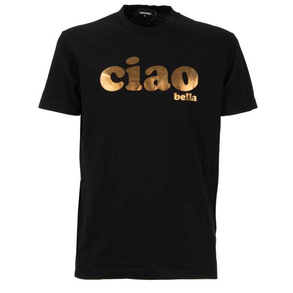  Baumwolle T-Shirt mit CIAO BELLA Logo Print in Gold und Schwarz von DSQUARED2