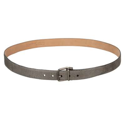 Silver Metal Buckle Lizard Leather Belt Gray 105 42