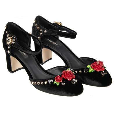 Velvet Mary Jane Pumps VALLY with Roses, Crystals, Studs Black 39.5
