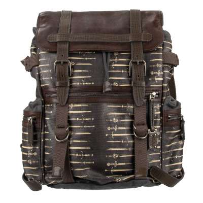 Military Style Canvas Backpack with Swords Print and Logo Black Brown