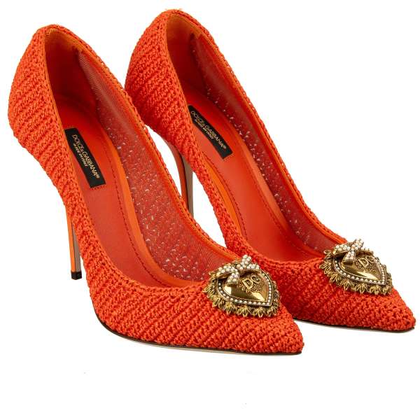 Pointed Raffia woven Pumps DEVOTION CARDINALE with Pearl DG Heart Brooch in orange by DOLCE & GABBANA