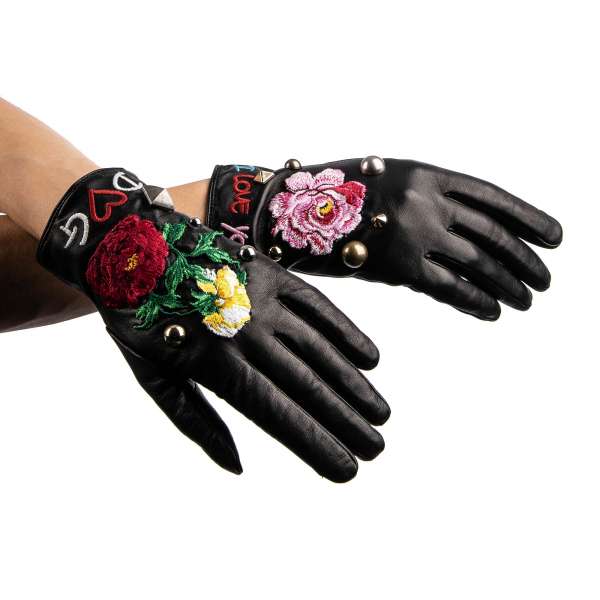 "D&G I Love You" Nappa lambskin gloves with studs and roses embroidery by Dolce&Gabbana Black Label