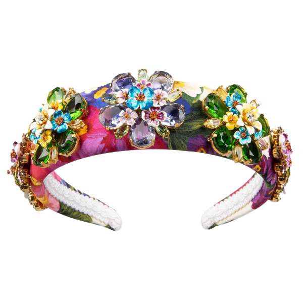Bellucci silk Headband with crystal flowers and floral print in pink and white by DOLCE & GABBANA