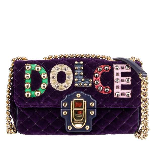 Quilted velvet shoulder bag LUCIA with snake leather logo and heart applications, metal studs and gold chain strap by DOLCE & GABBANA