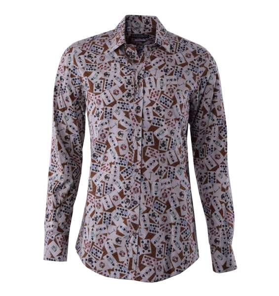 Playing cards printed cotton shirt GOLD with short collar and cuffs by DOLCE & GABBANA