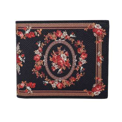 Baroque Roses Dauphine Leather Wallet with Logo Black Red