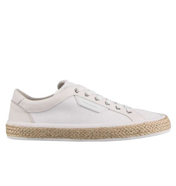 Low Top canvas and leather sneakers with straw sohle and logo plaque by DOLCE & GABBANA