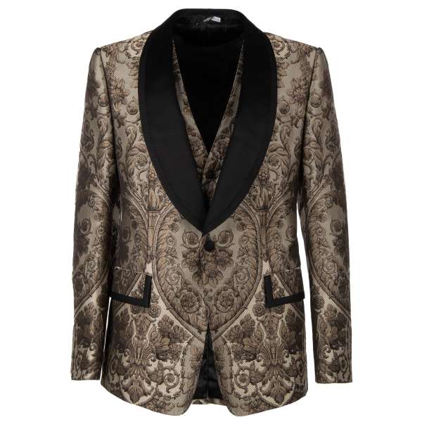 Floral Jacquard Baroque blazer with waistcoat in black and beige by DOLCE & GABBANA