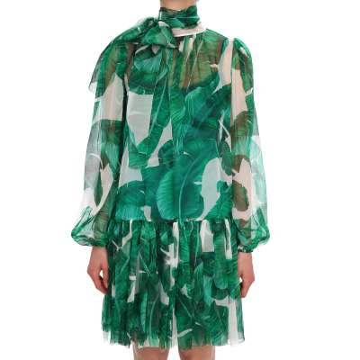Banane Blatt Schleife Seide Kleid Grün Weiß IT 38 DE 34 XS
