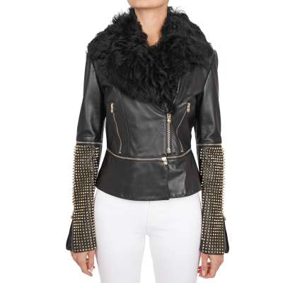 COUTURE Lederjacke mit Nieten Pelzbesatz ARCHETYP Schwarz M