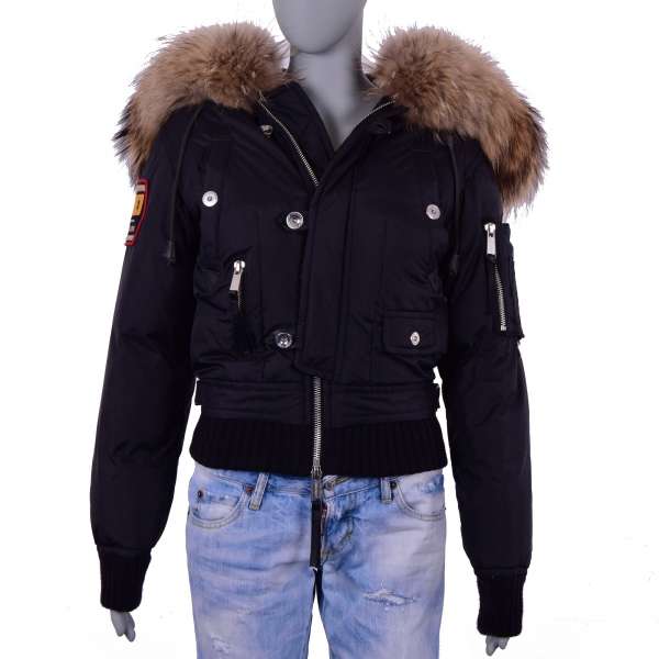 Real down Bomber Jacket FIGHTING DUDES with fur hood and embroidered patch by DSQUARED2