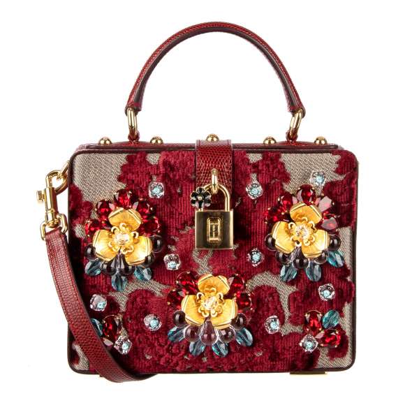 Unique handmade floral brocade clutch / shoulder bag / handbag DOLCE BOX with decorative padlock, floral crystals applications and lizard structured leather by DOLCE & GABBANA