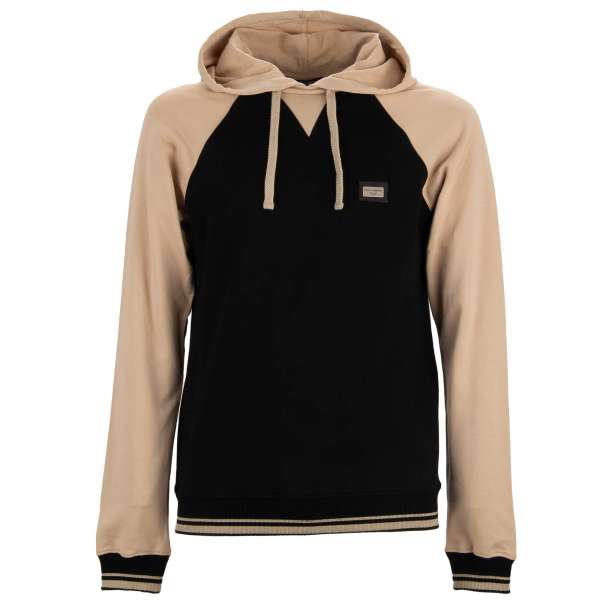 Hooded Sweater / Hoodie with DG logo plate and contrast knitted stripes details by DOLCE & GABBANA
