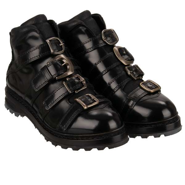 Leather Ankle Boots CORTINA embellished with buckles in black by DOLCE & GABBANA