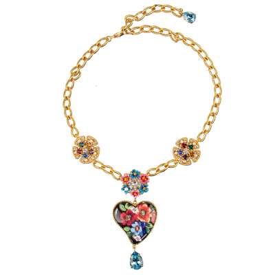 Crystal Heart Flower Necklace Chocker Blue Gold