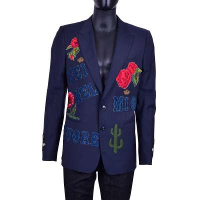 Roses, Crown and Bees Embroidered Wool Blazer GOLD Blue