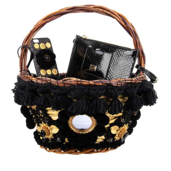 Large Sicily style straw basket tote bag AGNESE embellished with pompoms, mirrors and floral brass applications by DOLCE & GABBANA Black Label