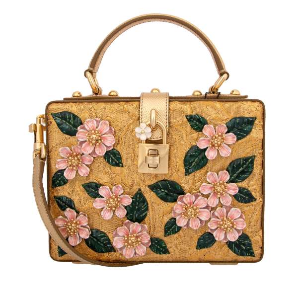 Einzigartige handgemachte Tasche / Clutch DOLCE BOX aus Dauphine Leder und Lurex Jacquard mit massiven floralen Applikationen und dekorativem Schloß von DOLCE & GABBANA