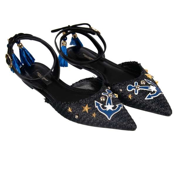 Flache Slingback Schuhe BELLUCCI aus Leder und Bast mit Nieten, Pom-Poms und Anker Stickerei von DOLCE & GABBANA Black Label