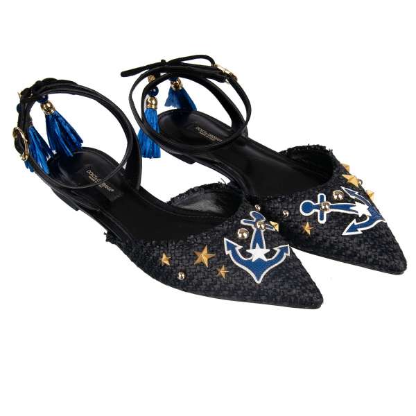 Flat Slingback Shoes BELLUCCI made of leather and raffia with studs, pompoms and embroidered anchor by DOLCE & GABBANA