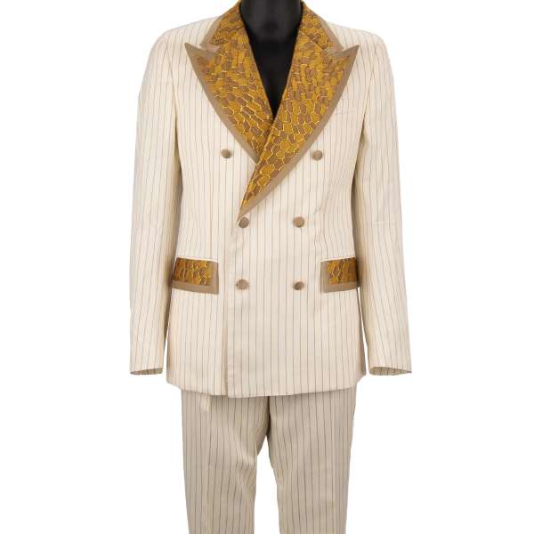 Gestreifter Anzug aus Baumwolle mit konstrastem spitzem Jacquard Revers in Gold und Weiß von DOLCE & GABBANA 