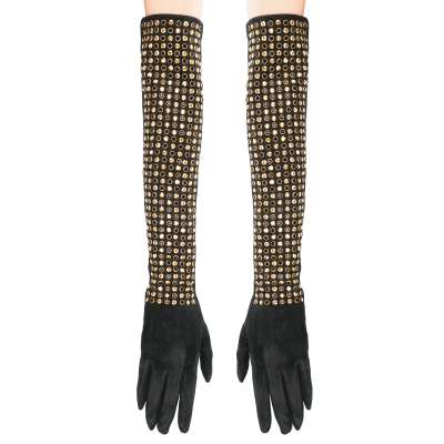 Super Studded Crystal Suede Leather Long Gloves Black Gold