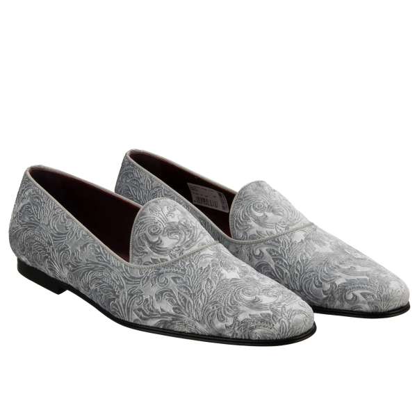 Structured baroque velvet moccasins shoes VASARI with DG metal logo on the back in gray by DOLCE & GABBANA