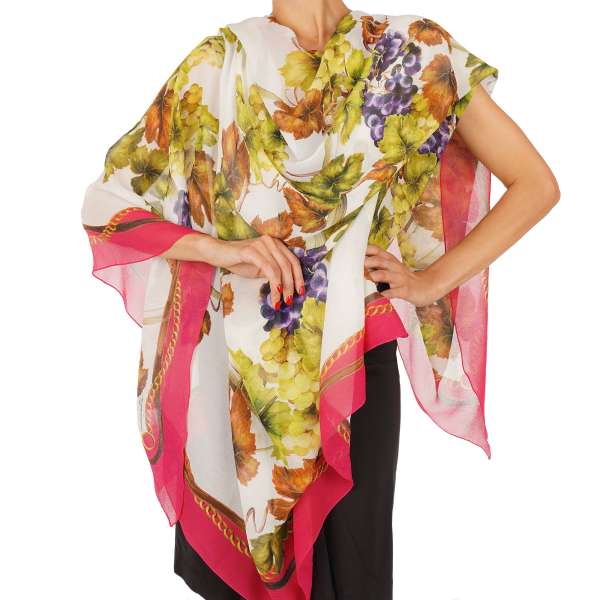 Large grape and logo printed silk Scarf / Foulard in white, pink and green by DOLCE & GABBANA